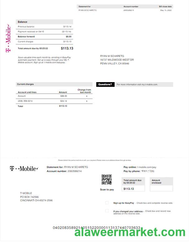 USA T-MOBILE utility bill Word and PDF template